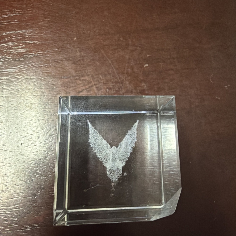 Clear Glass Cube Paperweight with Etched Bird Inside Decorative Collectible